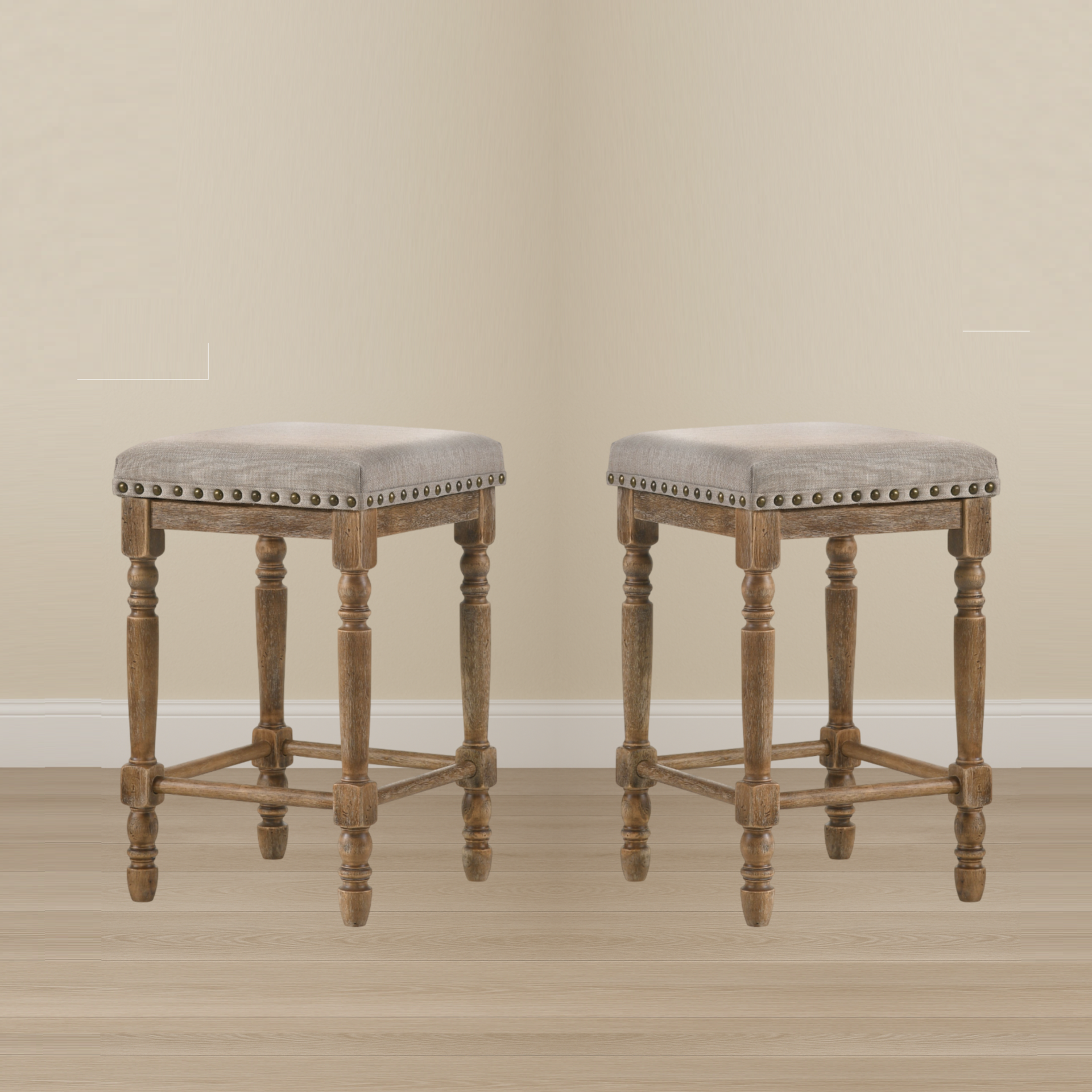 Set of 2pc Counter Height Stools Oak Finish Beige Fabric Seating Nailhead Trim Wooden Traditional Dining Room Furniture