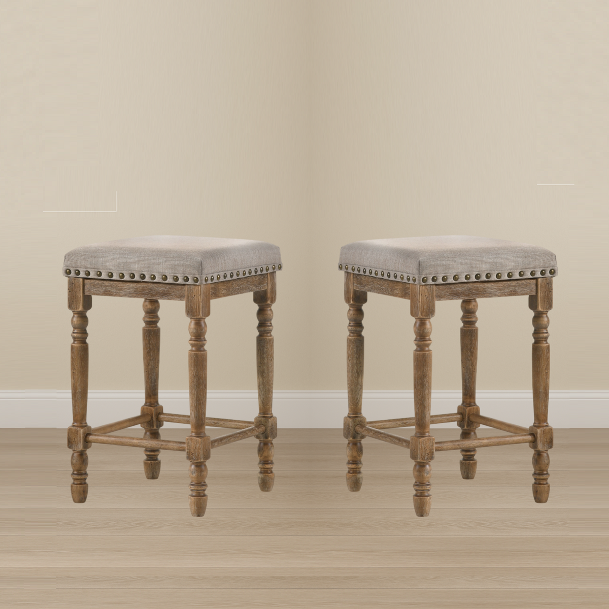 Set of 2pc Counter Height Stools Oak Finish Beige Fabric Seating Nailhead Trim Wooden Traditional Dining Room Furniture