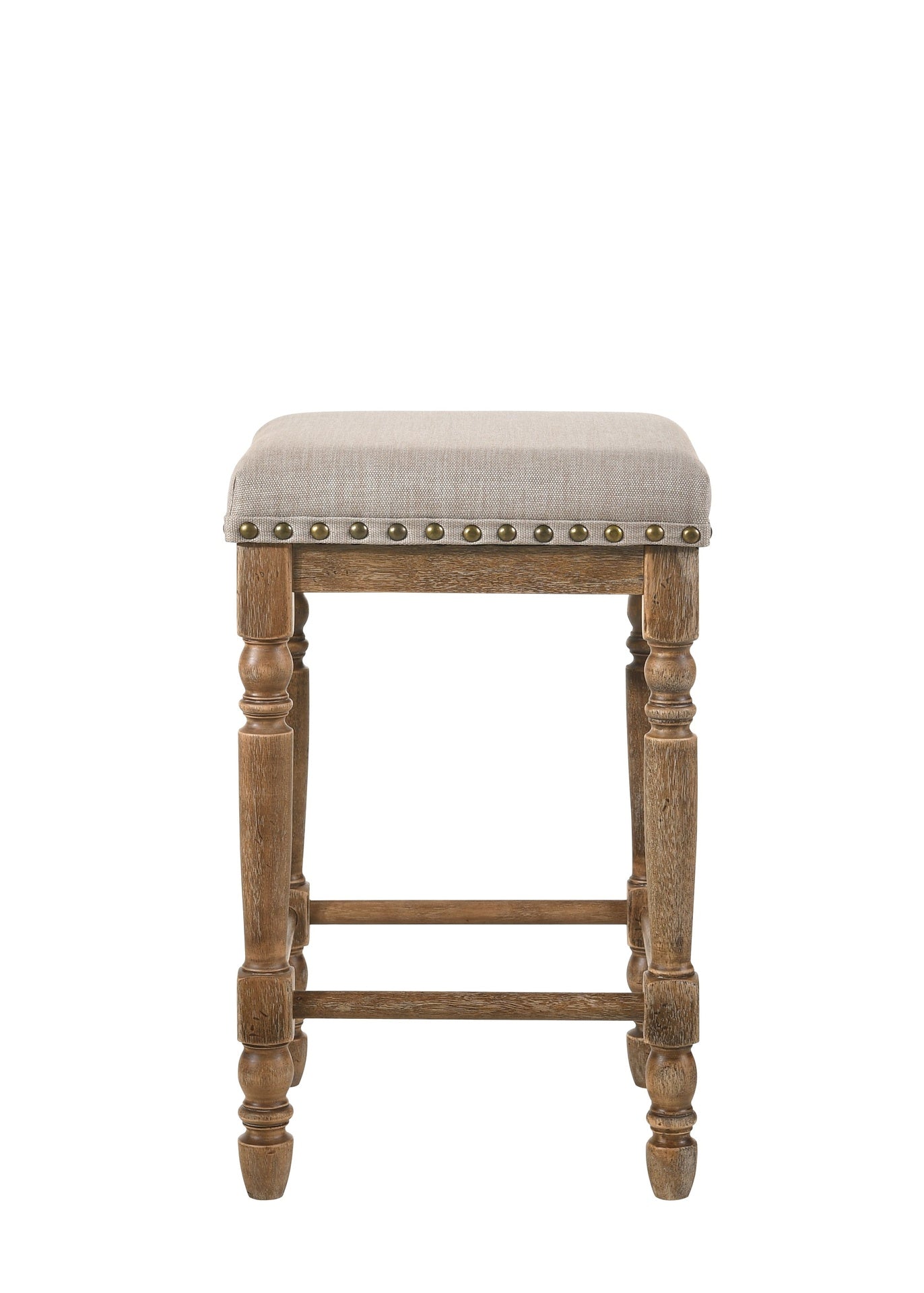 Set of 2pc Counter Height Stools Oak Finish Beige Fabric Seating Nailhead Trim Wooden Traditional Dining Room Furniture