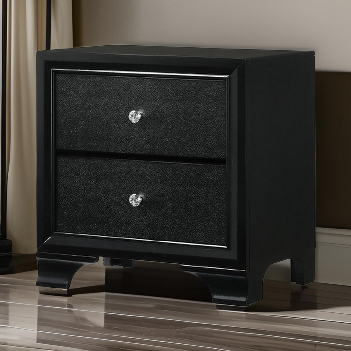 2 Drawer Wooden Nightstand with Textured Details and Crystal Pulls, Black