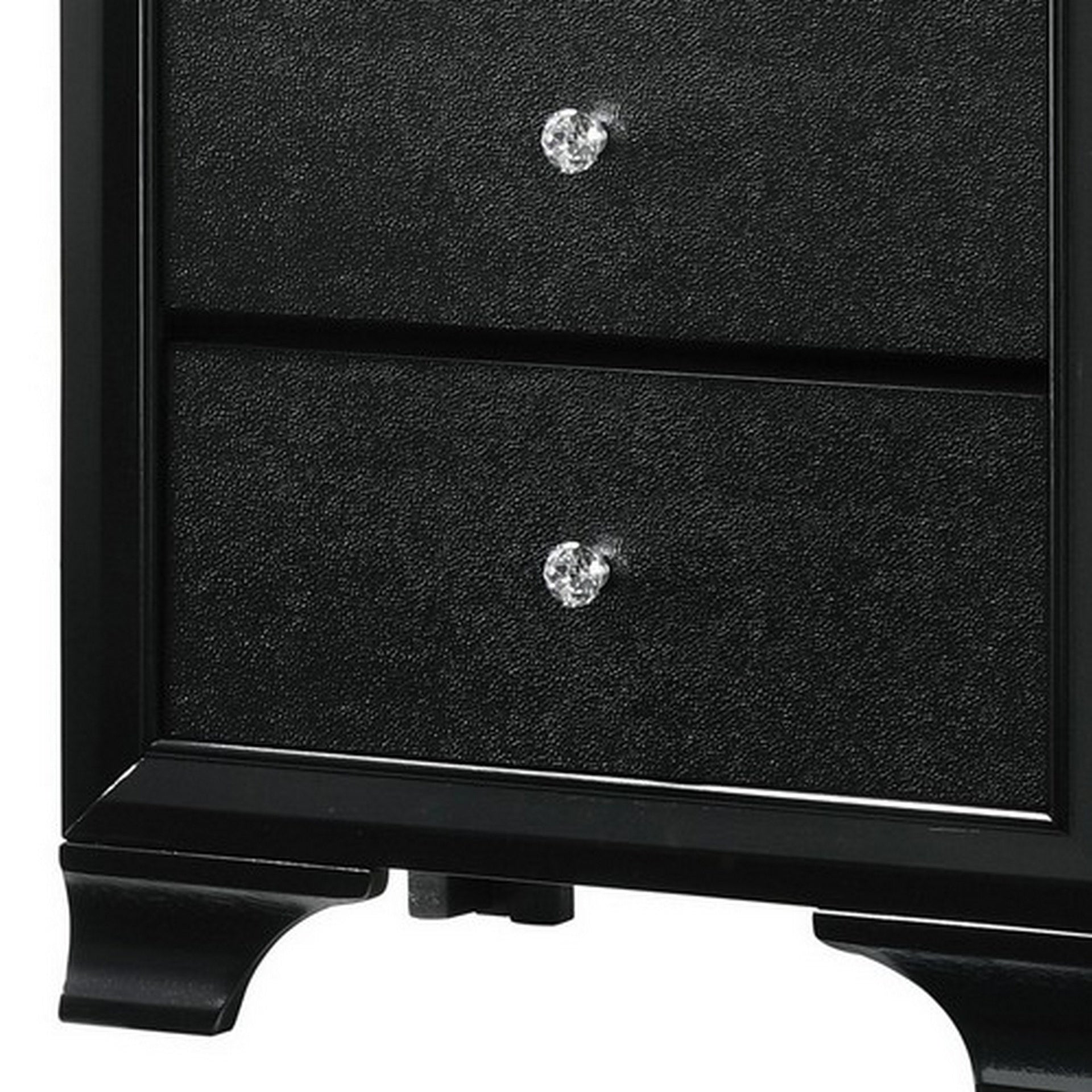 2 Drawer Wooden Nightstand with Textured Details and Crystal Pulls, Black