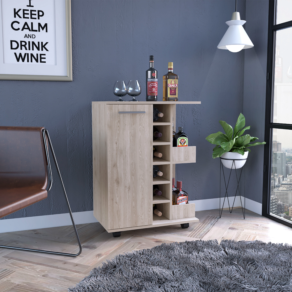 Bar Cart, Four Casters, Single Door Cabinet, Two External Shelves, Light Gray