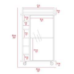 Bar Cart, Glass Door, Four Casters, Two Shelves, White