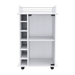 Bar Cart, Glass Door, Four Casters, Two Shelves, White