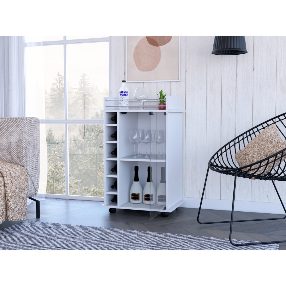 Bar Cart, Glass Door, Four Casters, Two Shelves, White