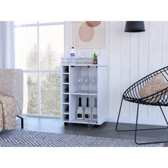Bar Cart, Glass Door, Four Casters, Two Shelves, White