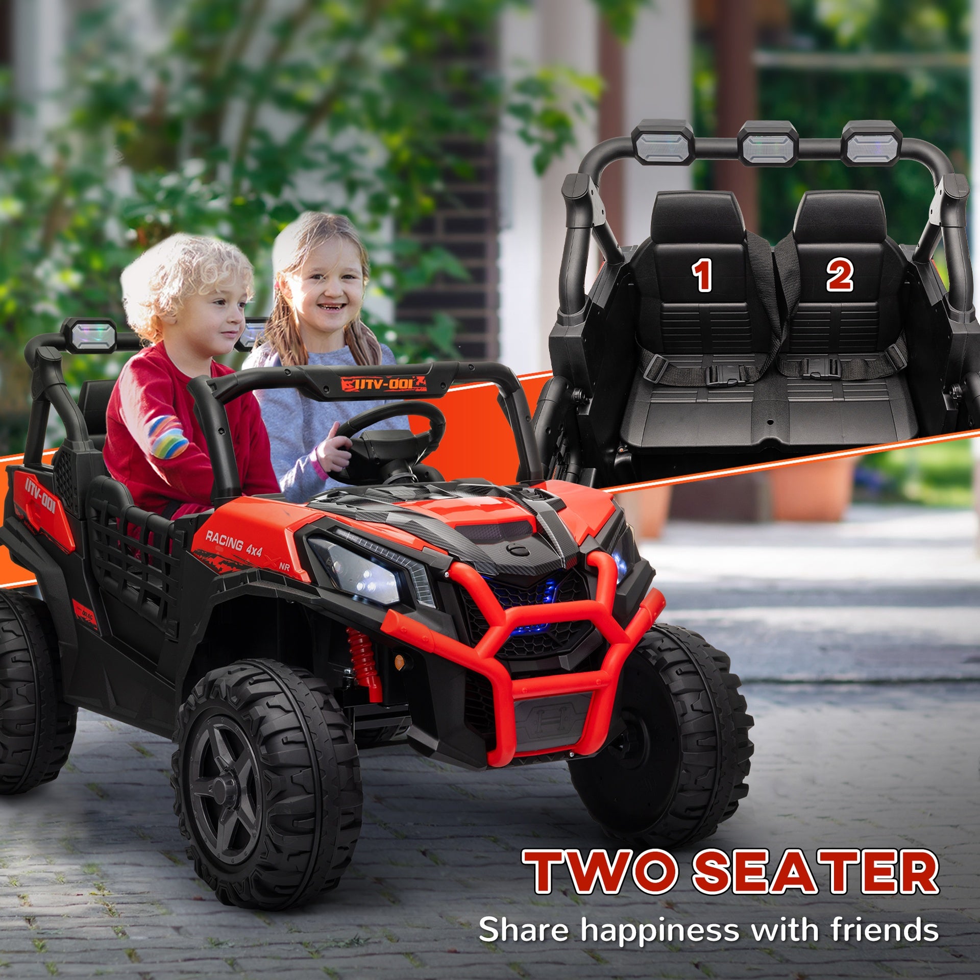 Qaba 2 Seater Electric Car for Kids, 24V Battery Powered Ride on Car with Remote Control, 3 Speed, Slow Start, LED Lights, Music, Horn, Spring Suspension for 3-8 Years, Red