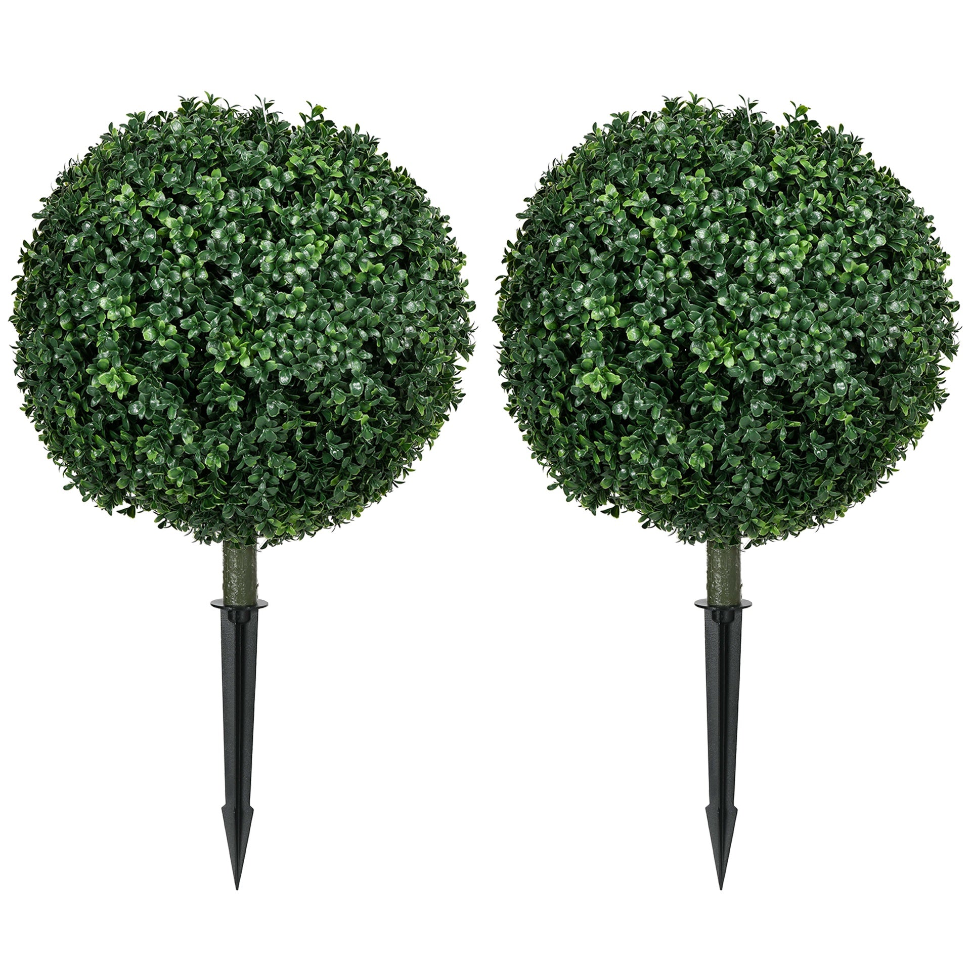 HOMCOM 1.3' (15.7") Artificial Boxwood Topiary Trees with Ground Stake, UV Resistant Set of 2 Ball Shaped Trees, Indoor Outdoor Fake Plants for Home Office & Living Room Décor