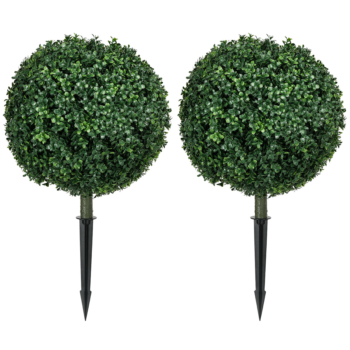 HOMCOM 1.3' (15.7") Artificial Boxwood Topiary Trees with Ground Stake, UV Resistant Set of 2 Ball Shaped Trees, Indoor Outdoor Fake Plants for Home Office & Living Room Décor