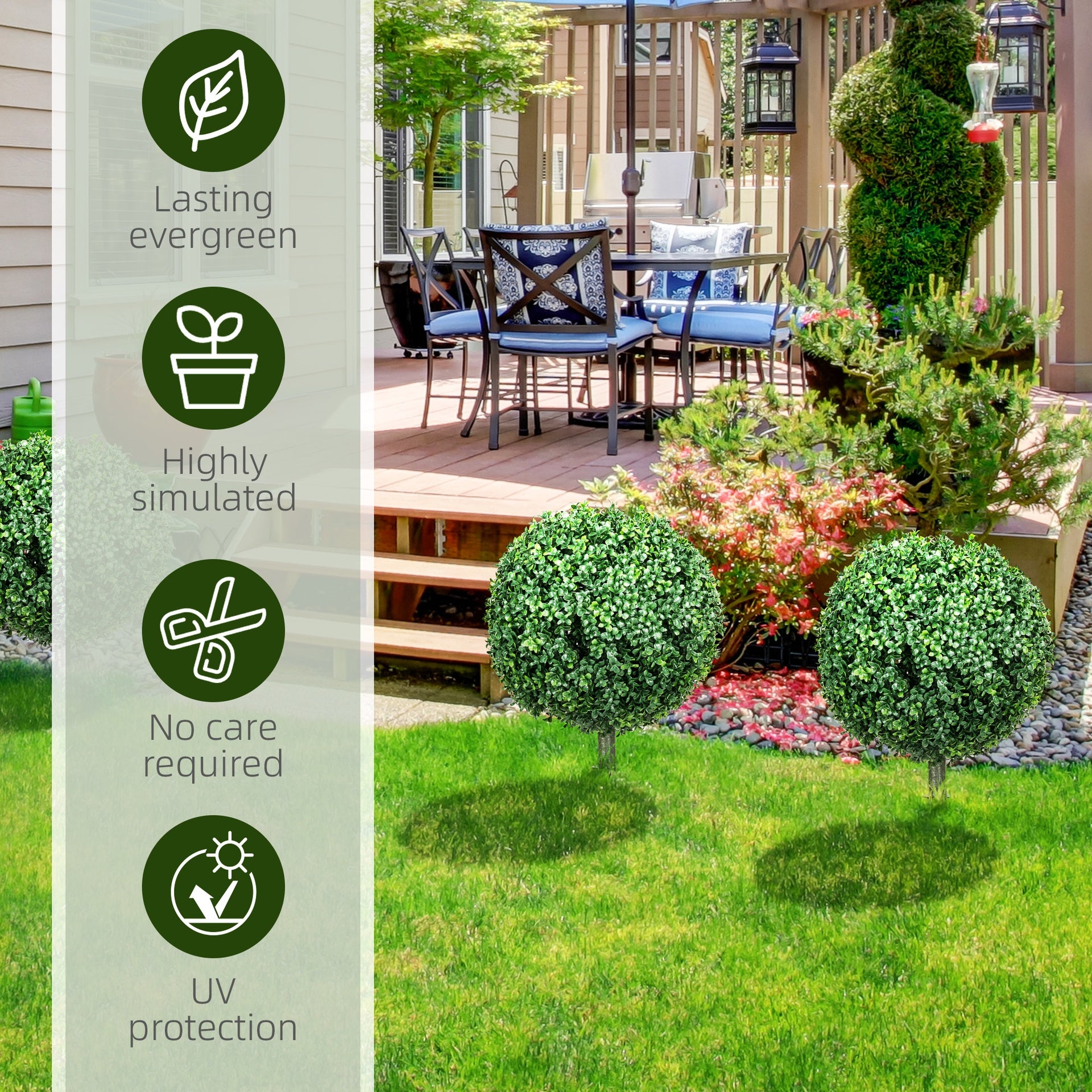 HOMCOM 1.3' (15.7") Artificial Boxwood Topiary Trees with Ground Stake, UV Resistant Set of 2 Ball Shaped Trees, Indoor Outdoor Fake Plants for Home Office & Living Room Décor
