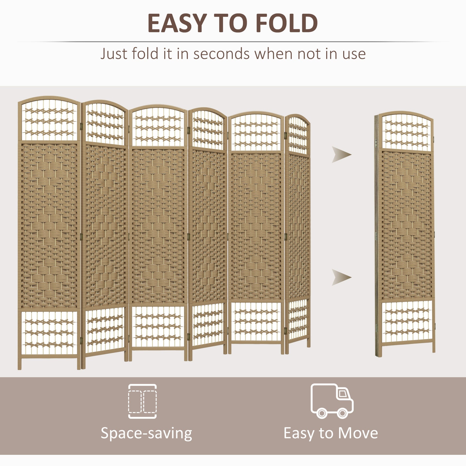 HOMCOM 6 Panel Room Divider, Folding Privacy Screen, 5.6' Room Separator, Wave Fiber Freestanding Partition Wall Divider, Natural
