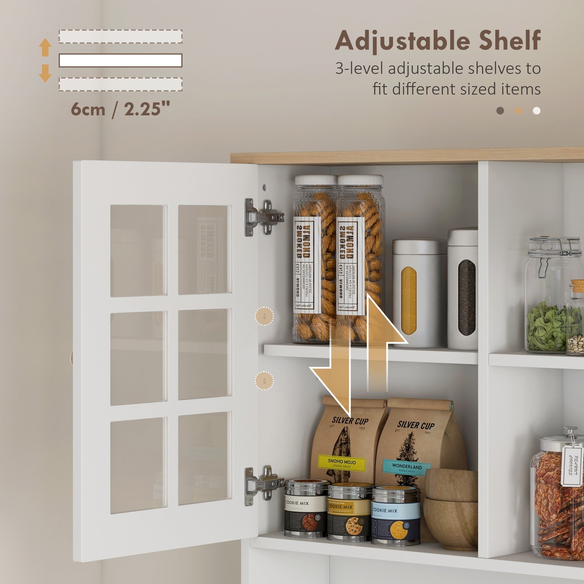 HOMCOM Kitchen Pantry Cabinet, 72" Freestanding Storage Cabinet with Hutch, Large Countertop, Glass Doors and Adjustable Shelves, Microwave Cabinet, Coffee Bar Cabinet for Dining Room, White