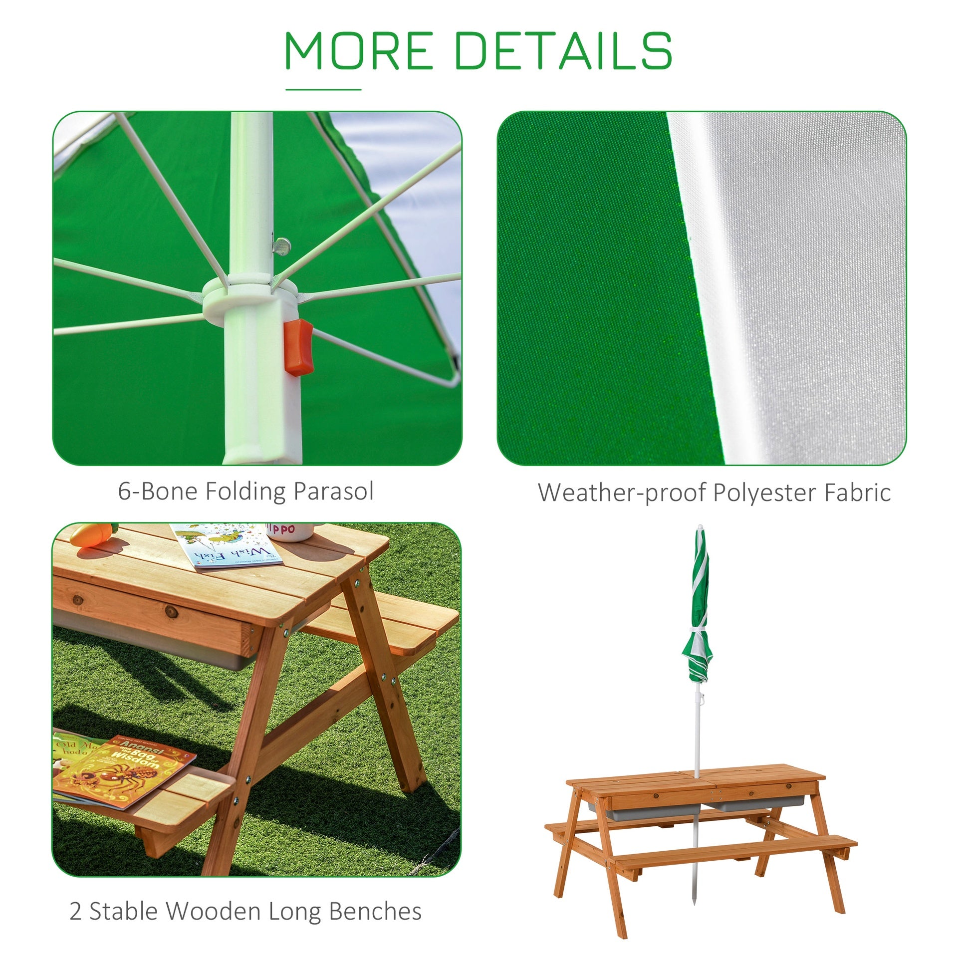 Outsunny Kids Picnic Table with Umbrella and Storage Inside, Sand and Water Table, Kids Outdoor Furniture, Wooden Bench Backyard Furniture for Garden, Patio, or Balcony