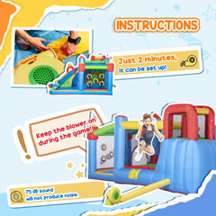 Outsunny 6-in-1 Inflatable Bounce House with Slide, Climbing Wall, Water Cannon, and More, Inflatable Water Slide for Kids with 2 Min. Inflation with Inflator
