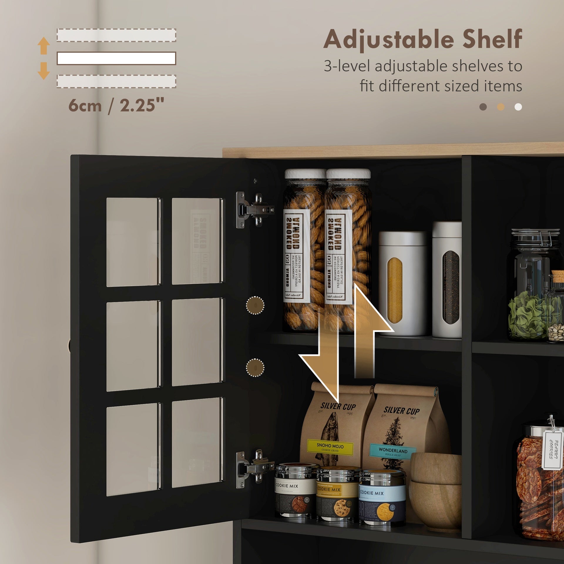 HOMCOM Kitchen Pantry Cabinet, 72" Freestanding Storage Cabinet with Hutch, Large Countertop, Glass Doors and Adjustable Shelves, Microwave Cabinet, Coffee Bar Cabinet for Dining Room, Black