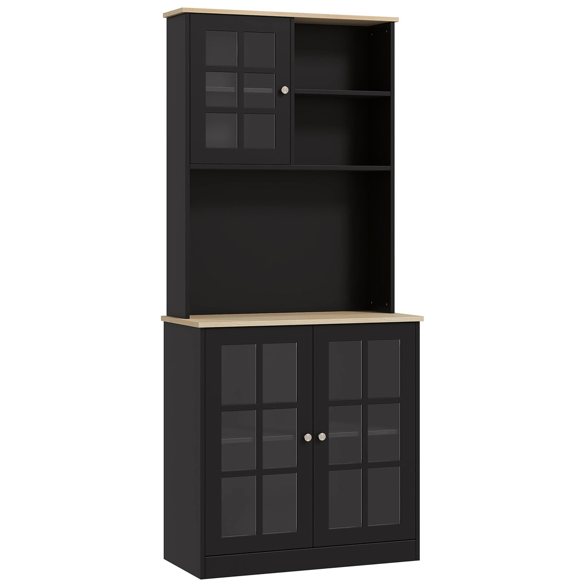 HOMCOM Kitchen Pantry Cabinet, 72" Freestanding Storage Cabinet with Hutch, Large Countertop, Glass Doors and Adjustable Shelves, Microwave Cabinet, Coffee Bar Cabinet for Dining Room, Black