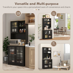 HOMCOM Kitchen Pantry Cabinet, 72" Freestanding Storage Cabinet with Hutch, Large Countertop, Glass Doors and Adjustable Shelves, Microwave Cabinet, Coffee Bar Cabinet for Dining Room, Black