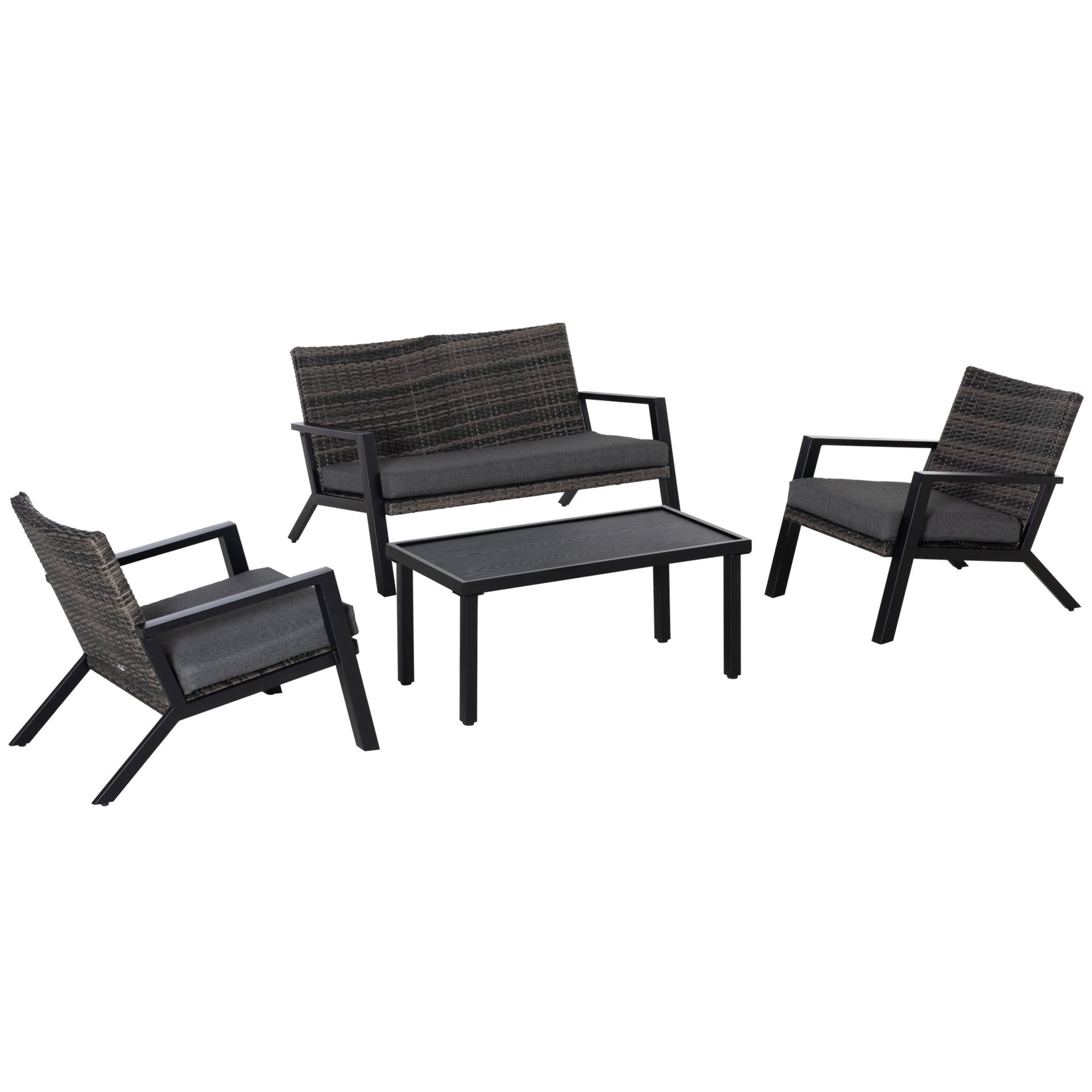 Outsunny 4 Piece Patio Furniture Set, 2 PE Wicker Chairs, Loveseat Sofa, Outdoor Coffee Table, Soft Cushions, Couch & Armchairs for Backyard, Garden, Black