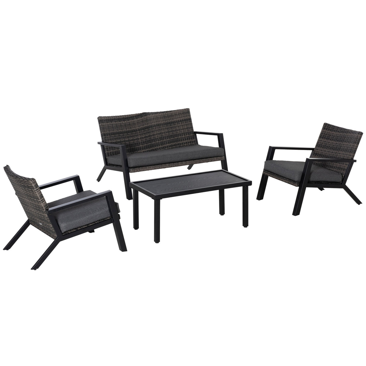 Outsunny 4 Piece Patio Furniture Set, 2 PE Wicker Chairs, Loveseat Sofa, Outdoor Coffee Table, Soft Cushions, Couch & Armchairs for Backyard, Garden, Black