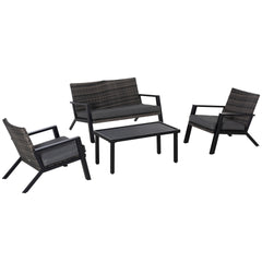 Outsunny 4 Piece Patio Furniture Set, 2 PE Wicker Chairs, Loveseat Sofa, Outdoor Coffee Table, Soft Cushions, Couch & Armchairs for Backyard, Garden, Black