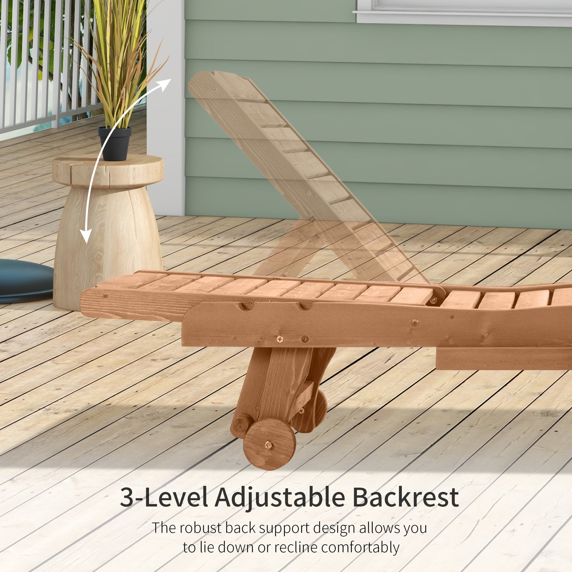 Outsunny Outdoor Chaise Lounge Pool Chair, Built-In Table, Reclining Backrest for Sun tanning/Sunbathing, Rolling Wheels, Red Wood Look