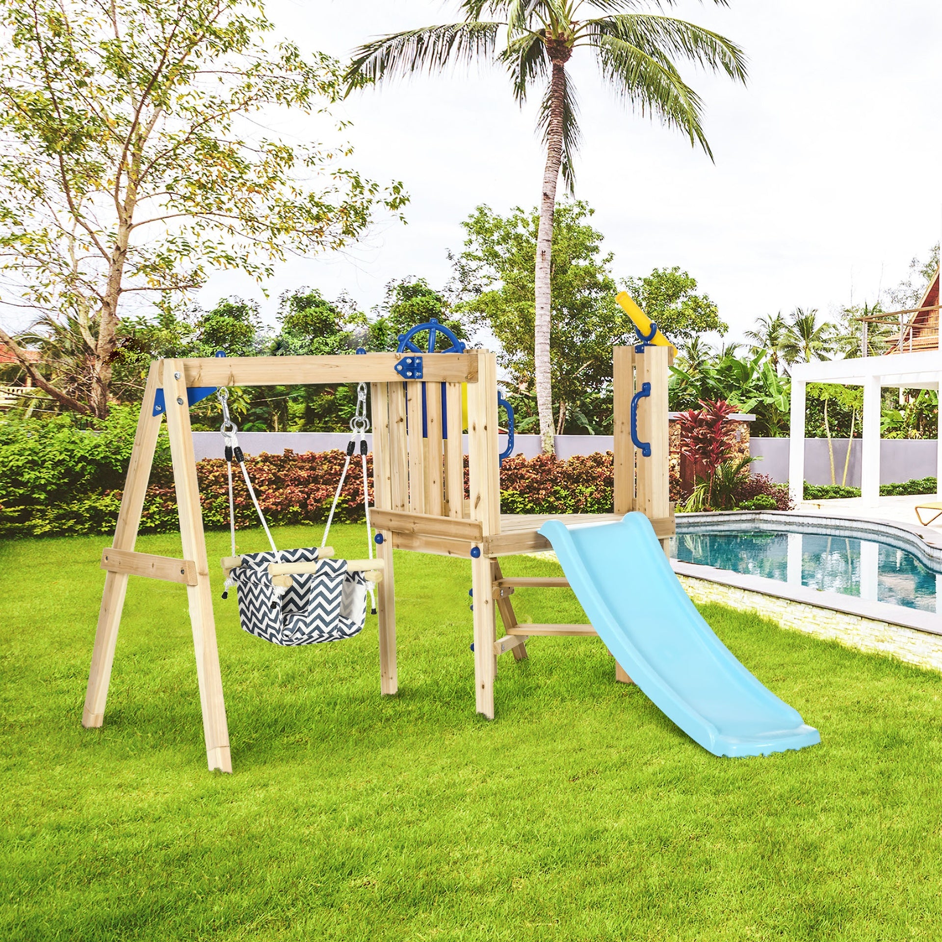 Outsunny 3 in 1 Wooden Swing Set Outdoor Playset with Baby Swing Seat, Toddler Slide, Captain's Wheel, Telescope, Kids Backyard Playground Equipment, Ages 1.5-4