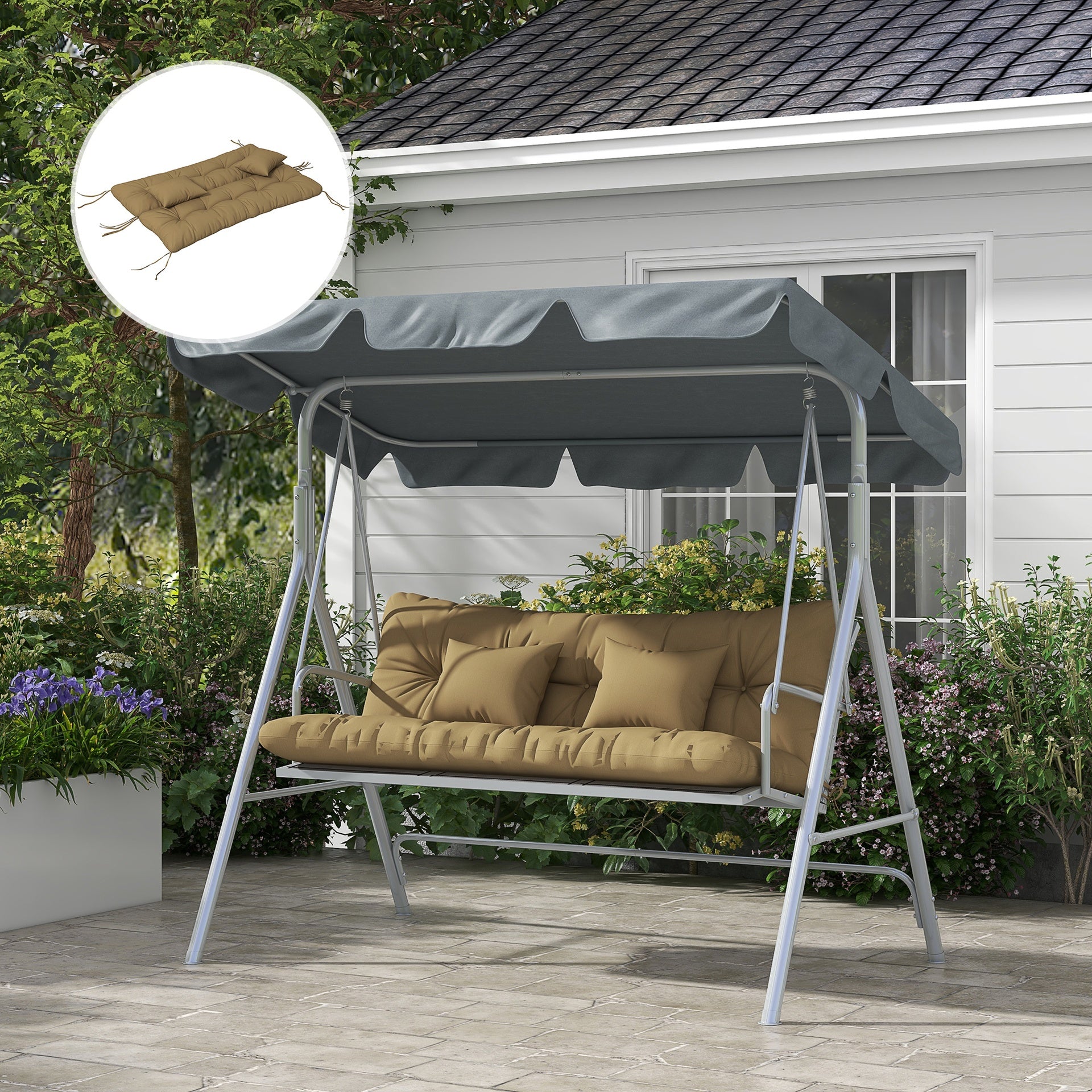 Outsunny Tufted Bench Cushions & Throw Pillows, 4 Piece Swing Cushion Set, Indoor/Outdoor Replacement Bench Seat Pad, Back Cushion & 2 Pillows for Outdoor Furniture, Tan