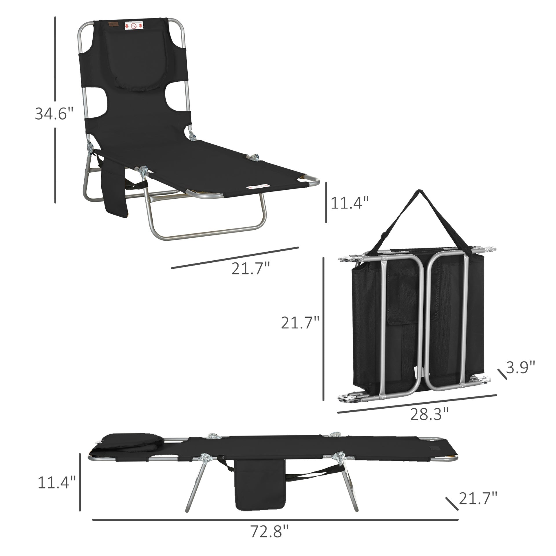 Outsunny Folding Beach Lounge Chair with Face Hole and Arm Slots, 5-level Adjustable Sun Lounger Tanning Chair with Pillow for Patio, Garden, Beach, Pool, Black