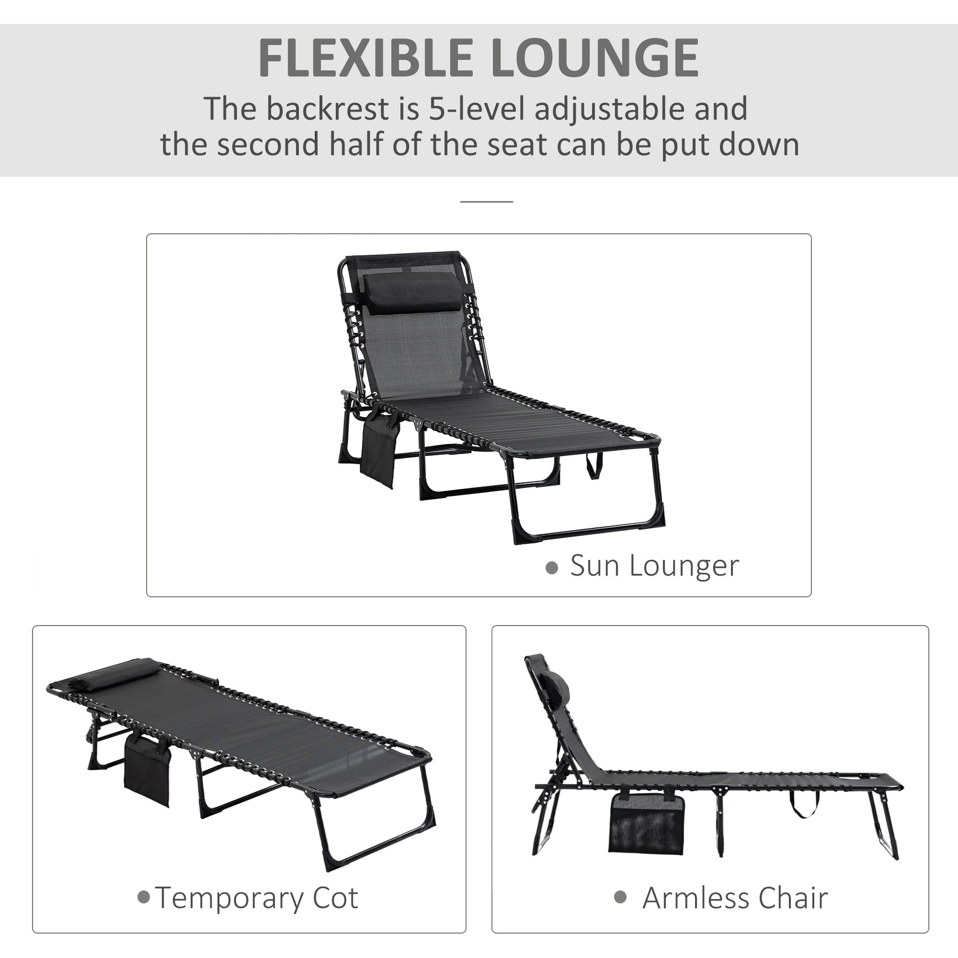 Outsunny Reclining Chaise Lounge Chair, Portable Sun Lounger, Folding Camping Cot, with Adjustable Backrest and Removable Pillow, for Patio, Garden, Beach, Black