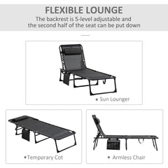 Outsunny Reclining Chaise Lounge Chair, Portable Sun Lounger, Folding Camping Cot, with Adjustable Backrest and Removable Pillow, for Patio, Garden, Beach, Black