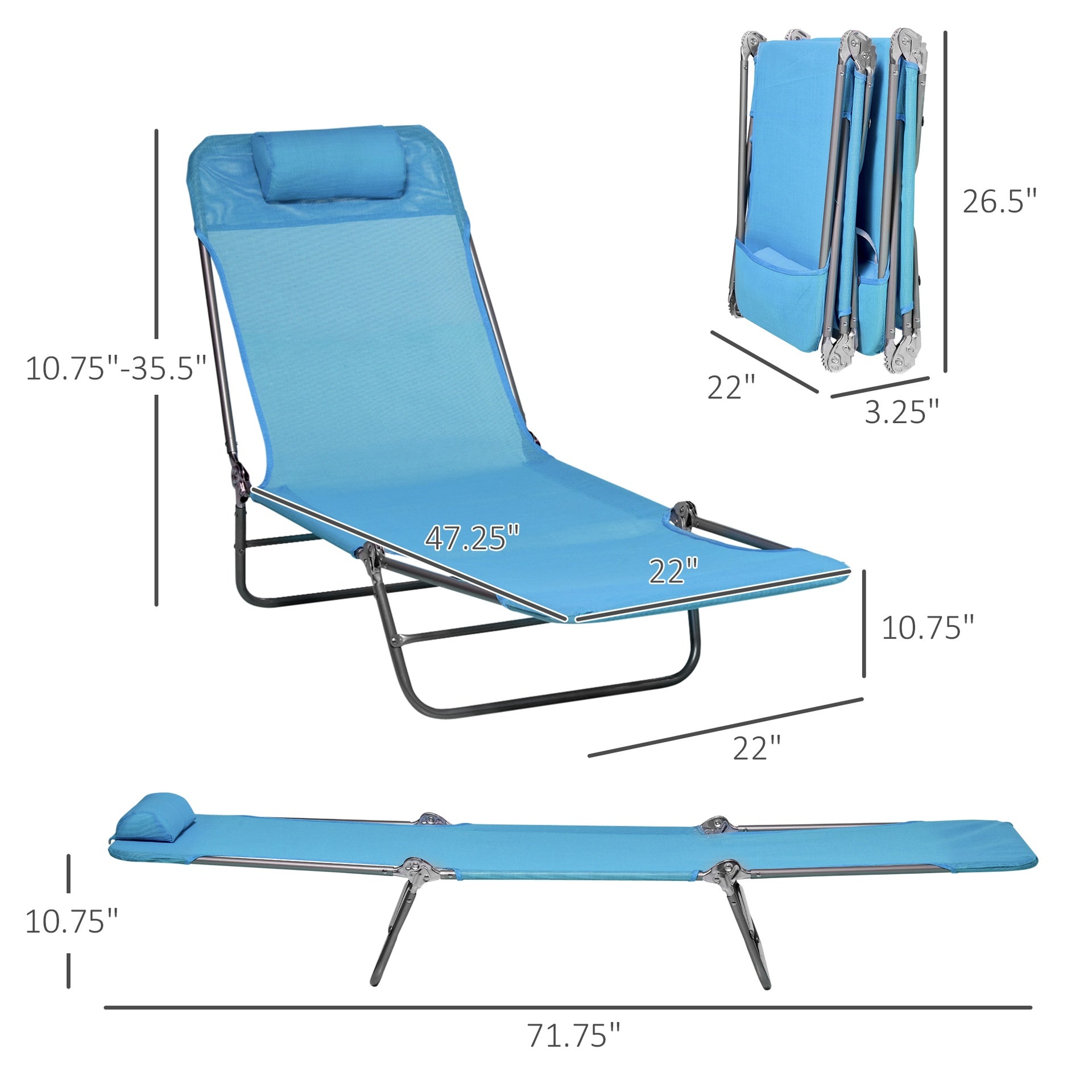 Outsunny 2 Piece Folding Chaise Lounge Chairs, Pool Sun Tanning Chairs, Outdoor Lounge Chairs with 6-Position Reclining Back, Breathable Mesh Seat, Headrest for Beach, Yard, Patio, Blue
