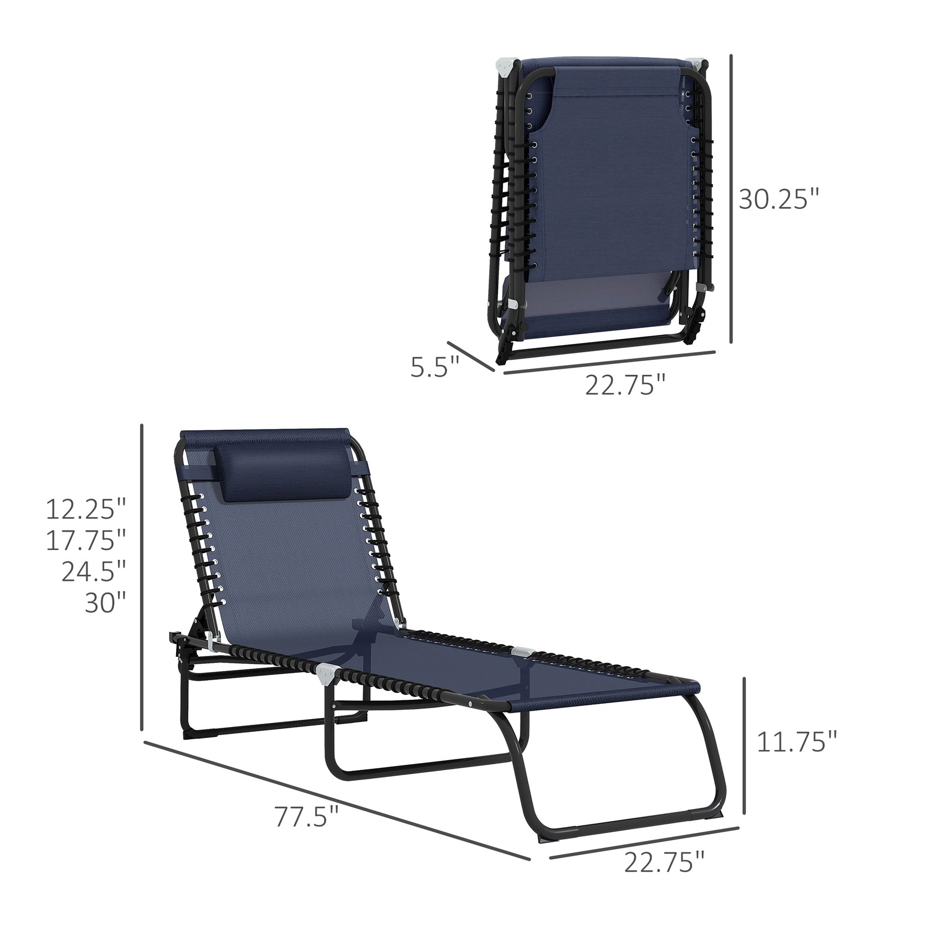 Outsunny Folding Chaise Lounge Pool Chair Set of 2, Patio Sun Tanning Chair, Outdoor Lounge Chair w/ Reclining Back, Pillow, Breathable Mesh & Bungee Seat for Beach, Dark Blue