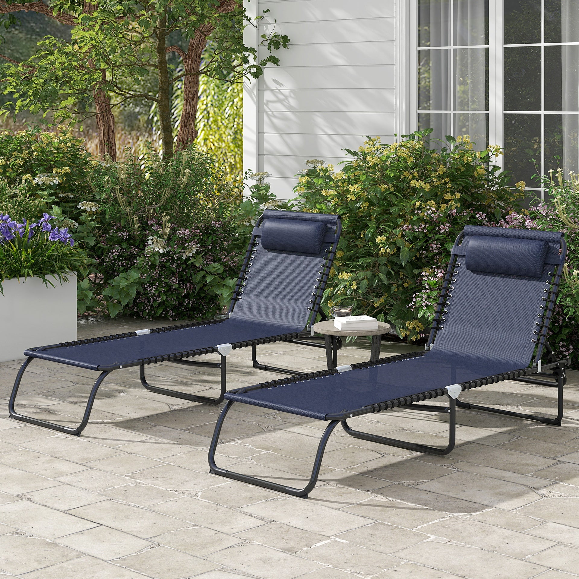 Outsunny Folding Chaise Lounge Pool Chair Set of 2, Patio Sun Tanning Chair, Outdoor Lounge Chair w/ Reclining Back, Pillow, Breathable Mesh & Bungee Seat for Beach, Dark Blue