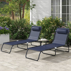 Outsunny Folding Chaise Lounge Pool Chair Set of 2, Patio Sun Tanning Chair, Outdoor Lounge Chair w/ Reclining Back, Pillow, Breathable Mesh & Bungee Seat for Beach, Dark Blue
