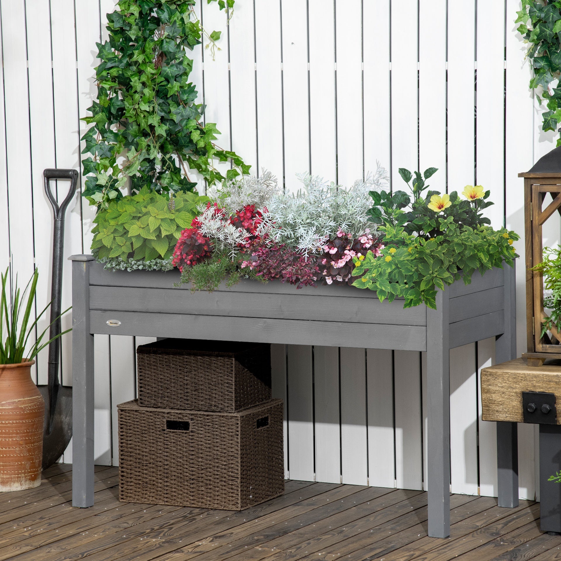 Outsunny Raised Garden Bed with Legs, 48" x 22" x 30", Elevated Wooden Planter Box, Self-Draining with Bed Liner for Vegetables, Herbs, and Flowers Backyard, Patio, Balcony Use, Dark Gray