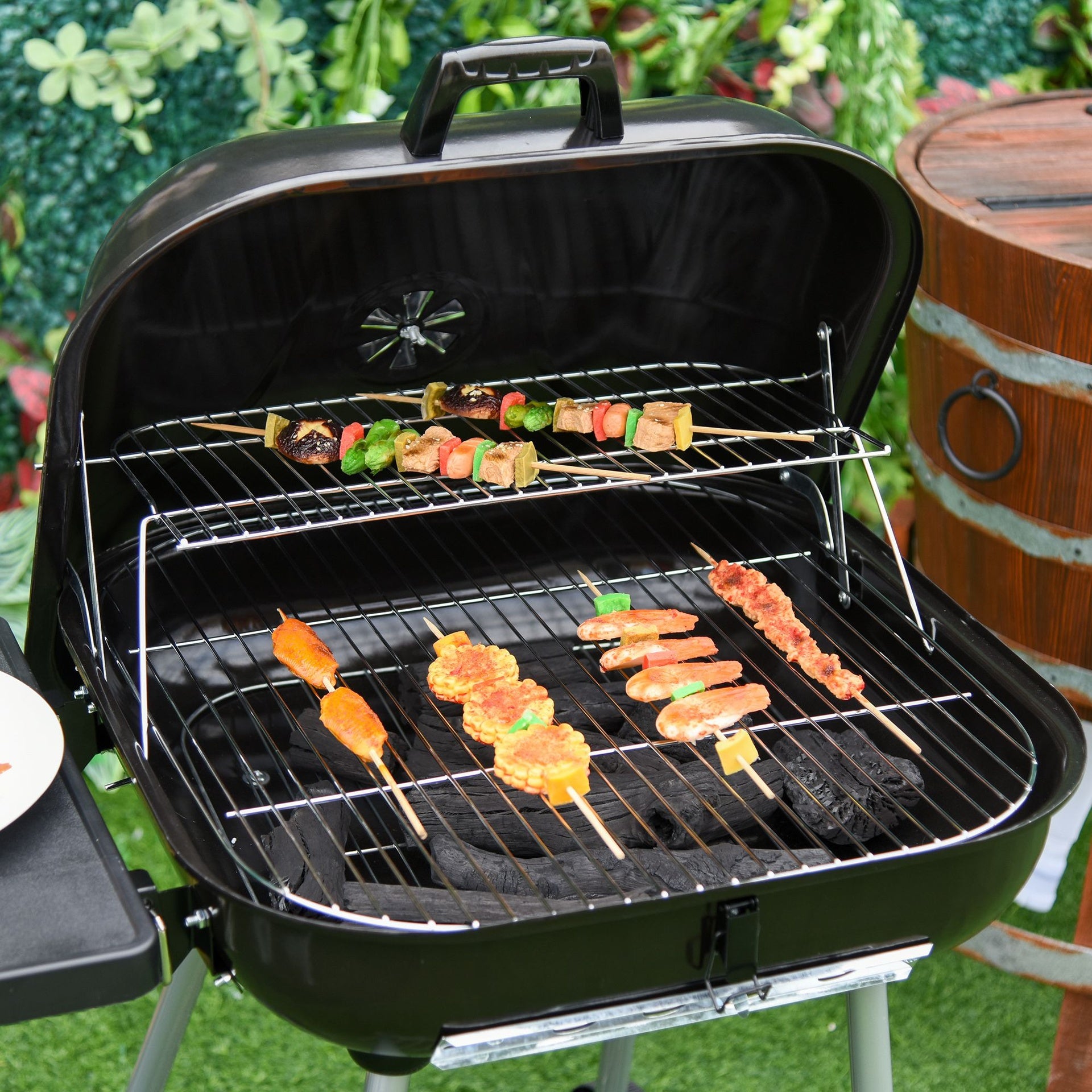 Outsunny 21" Portable Charcoal Grill with Wheels and Bottom Shelf, BBQ Smoker with Adjustable Vents on Lid for Picnic Camping Backyard Cooking, Black