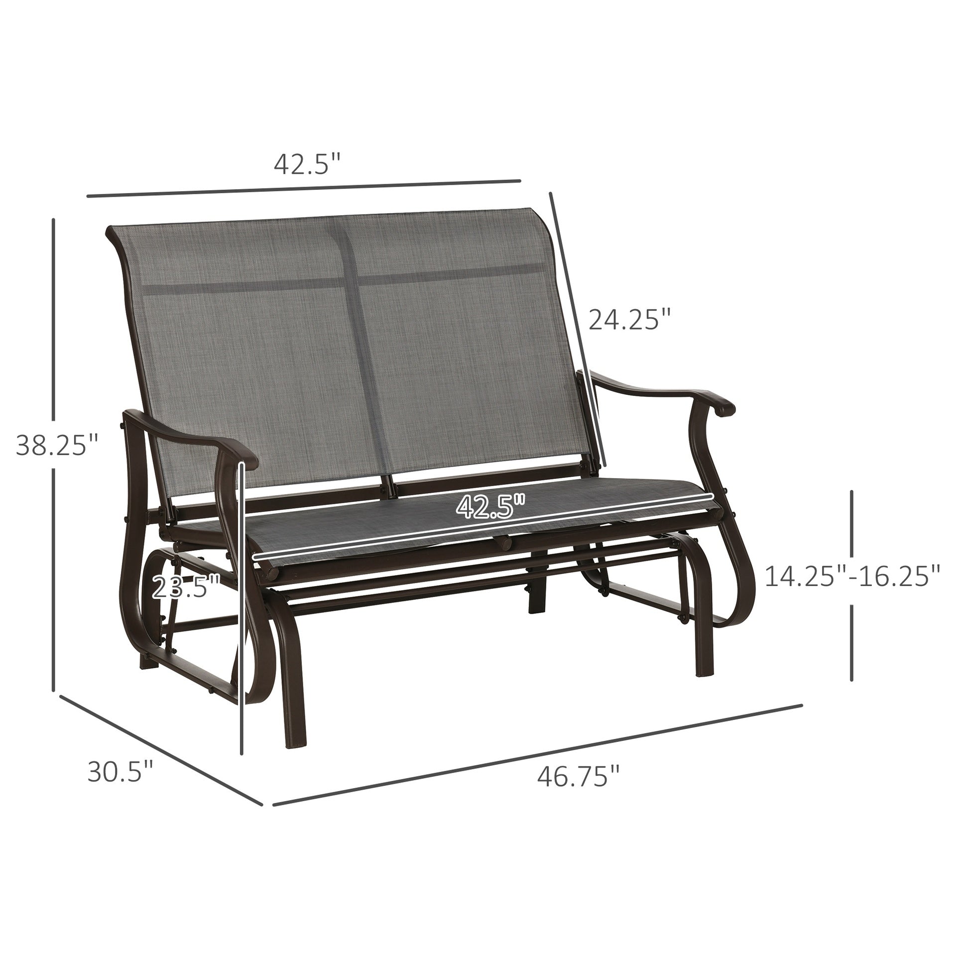 2-Person Outdoor Glider Bench，Patio Glider Loveseat Chair with Powder Coated Steel Frame，2 Seats Porch Rocking Glider for Backyard, Lawn, Garden and Porch, Mixed Grey