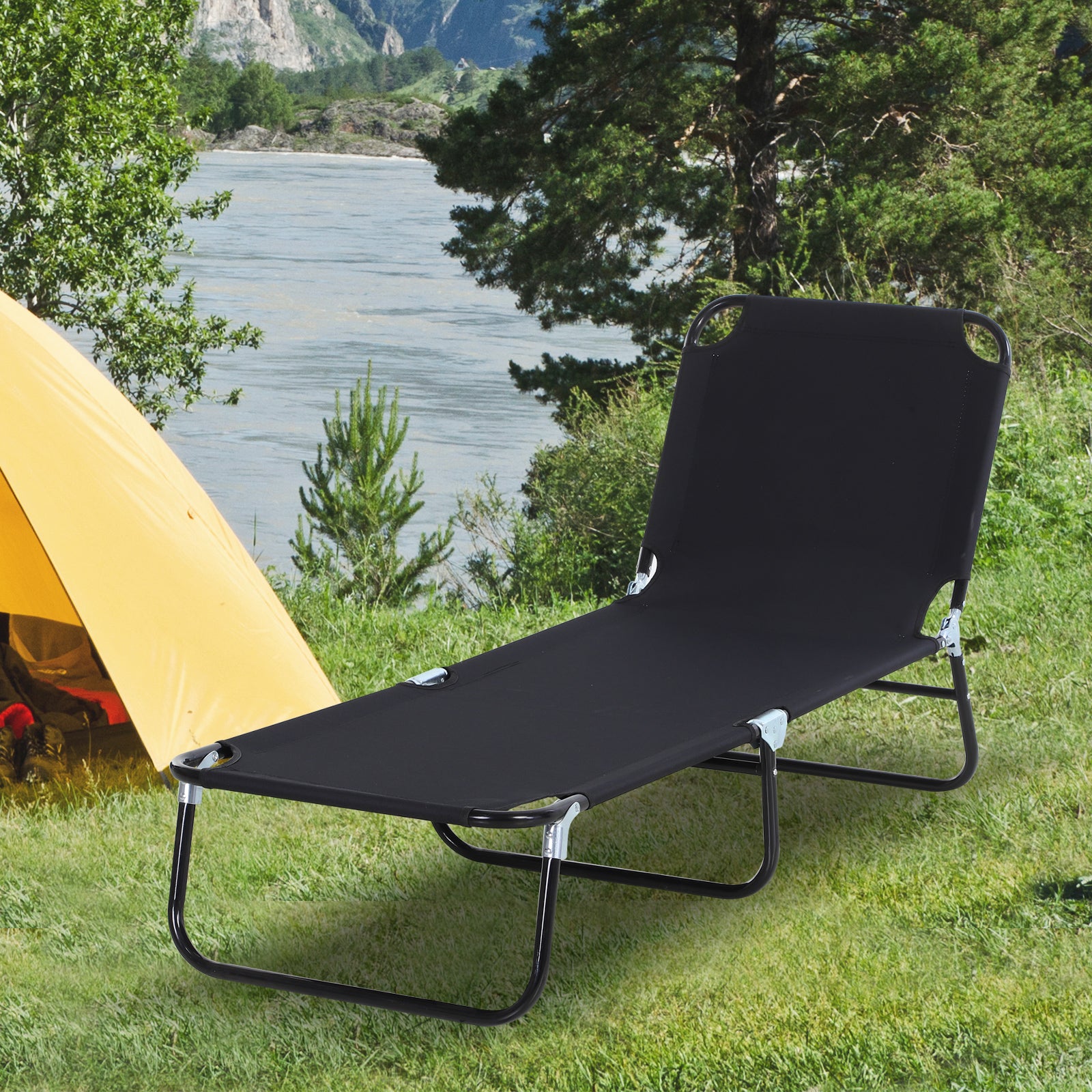 Folding Chaise Lounge Pool Chairs, Outdoor Sun Tanning Chairs, Reclining Back, Steel Frame & Breathable Mesh for Beach, Yard, Patio, Black
