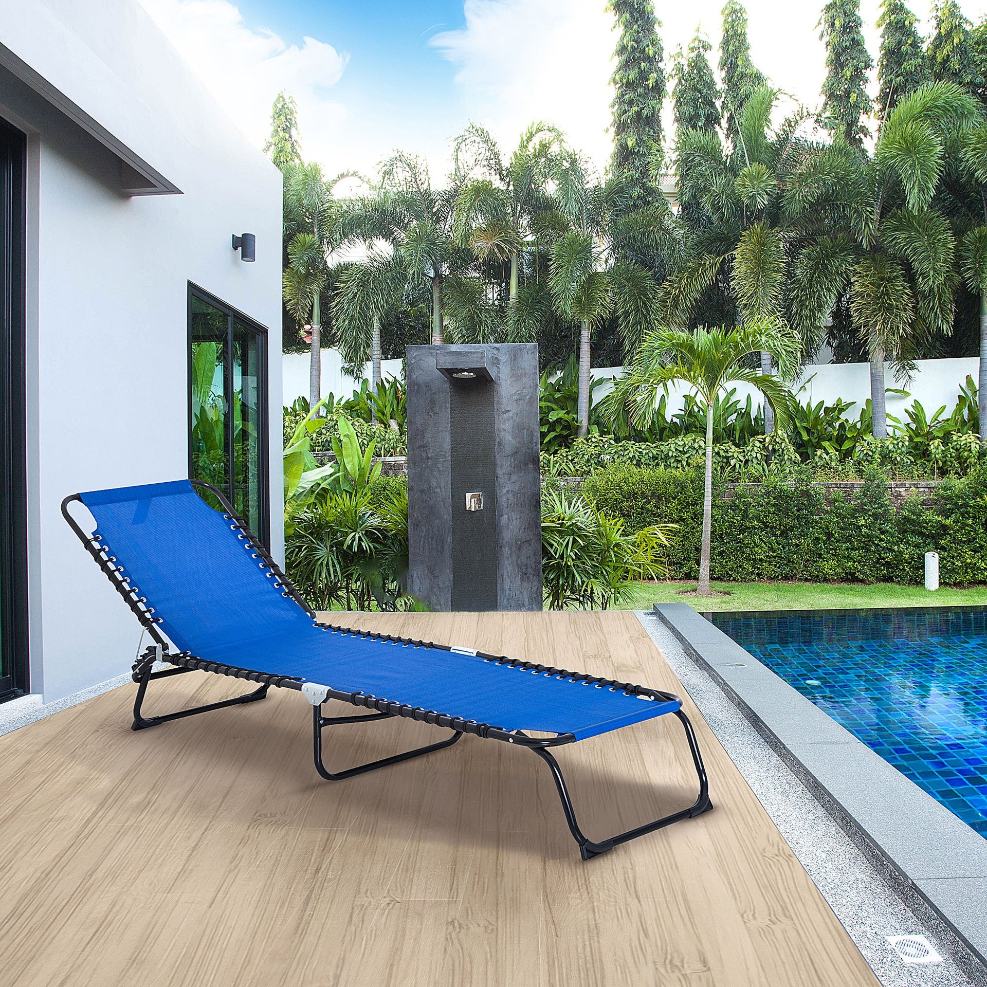 Folding Chaise Lounge Pool Chair, Patio Sun Tanning Chair, Outdoor Lounge Chair with 4-Position Reclining Back, Breathable Mesh Seat for Beach, Yard, Patio, Dark Blue