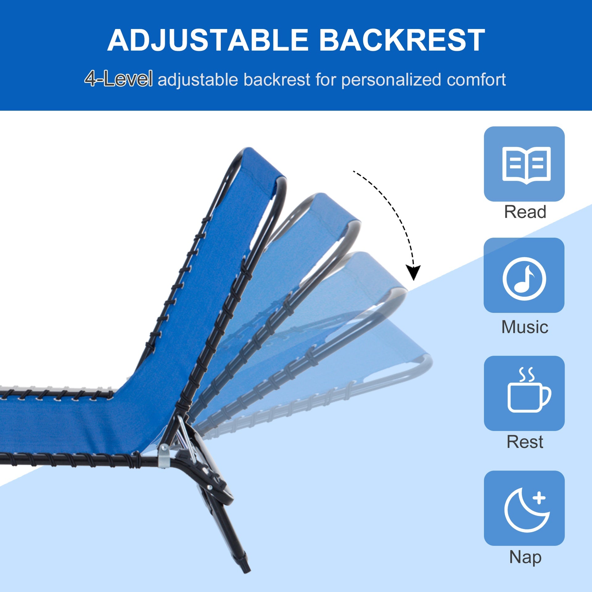 Folding Chaise Lounge Pool Chair, Patio Sun Tanning Chair, Outdoor Lounge Chair with 4-Position Reclining Back, Breathable Mesh Seat for Beach, Yard, Patio, Dark Blue