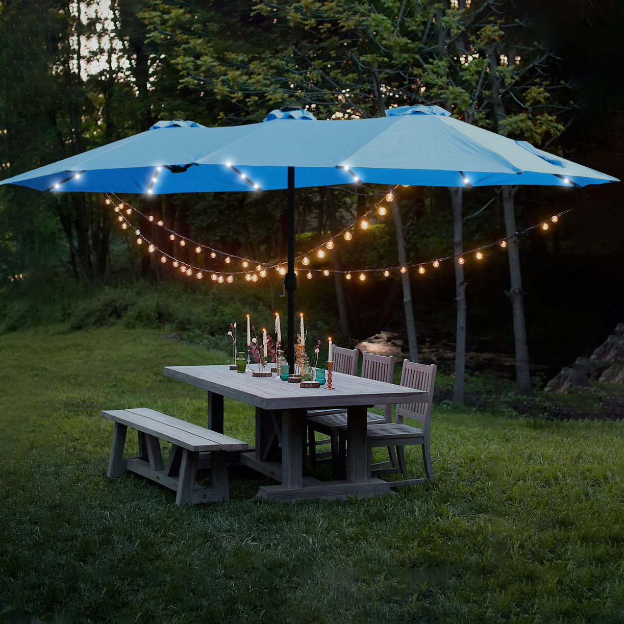 15x9ft Large Double-Sided Rectangular Outdoor Twin Patio Market Umbrella with light and base- blue