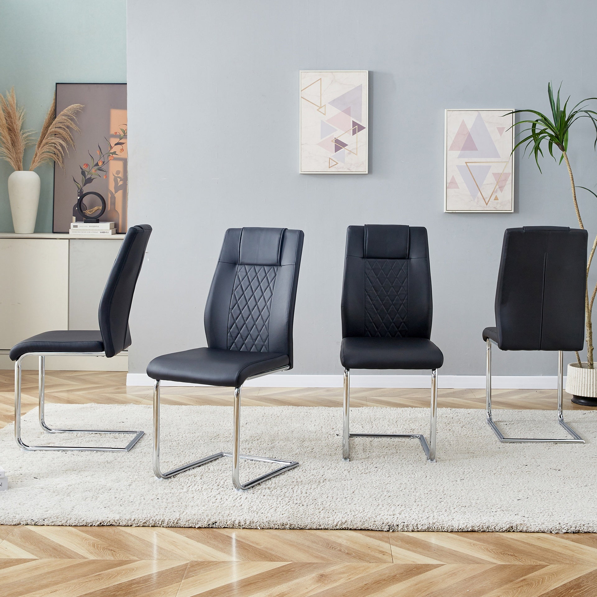 Modern Dining Chairs with Faux Leather Padded Seat Dining Living Room Chairs Upholstered Chair with Metal Legs Design for Kitchen, Living, Bedroom, Dining Room Side Chairs Set of 4 (Black+PU) C-001