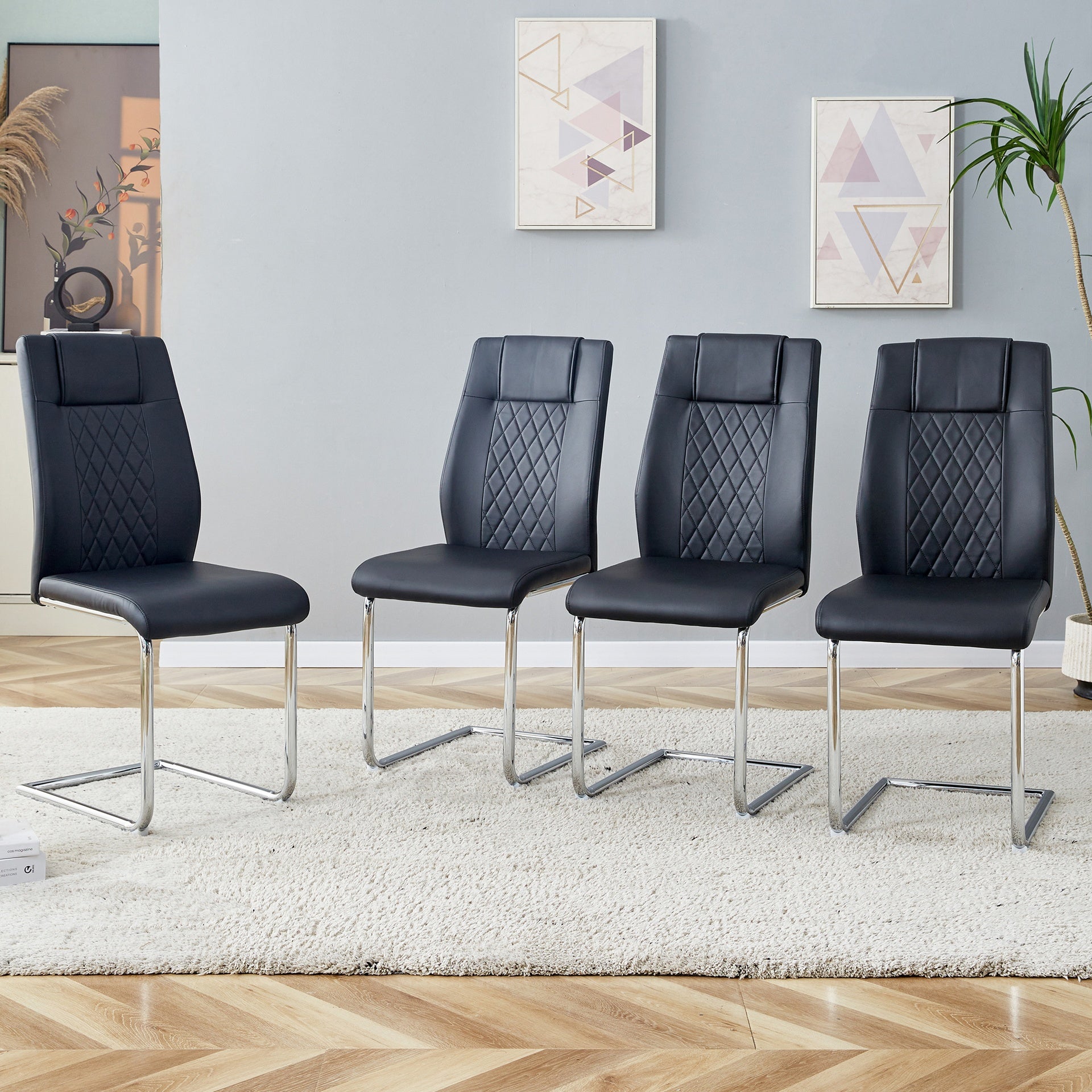 Modern Dining Chairs with Faux Leather Padded Seat Dining Living Room Chairs Upholstered Chair with Metal Legs Design for Kitchen, Living, Bedroom, Dining Room Side Chairs Set of 4 (Black+PU) C-001