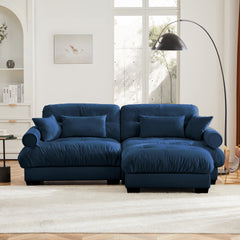Over Size Modern Two-seater Sofa with Ottoman, Velvet 2-Seater with Round Bolster Armrests,With Waist Pillow and Throw Pillows,Small L Shape Sofa For Living Room, Reading Room  Blue