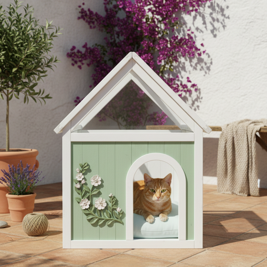 Transparent Roof Wooden Pet House with Floral Carvings  FSC Cedar Indoor Shelter for Cats & Small Dogs 63.5×47.5×77.6 cm