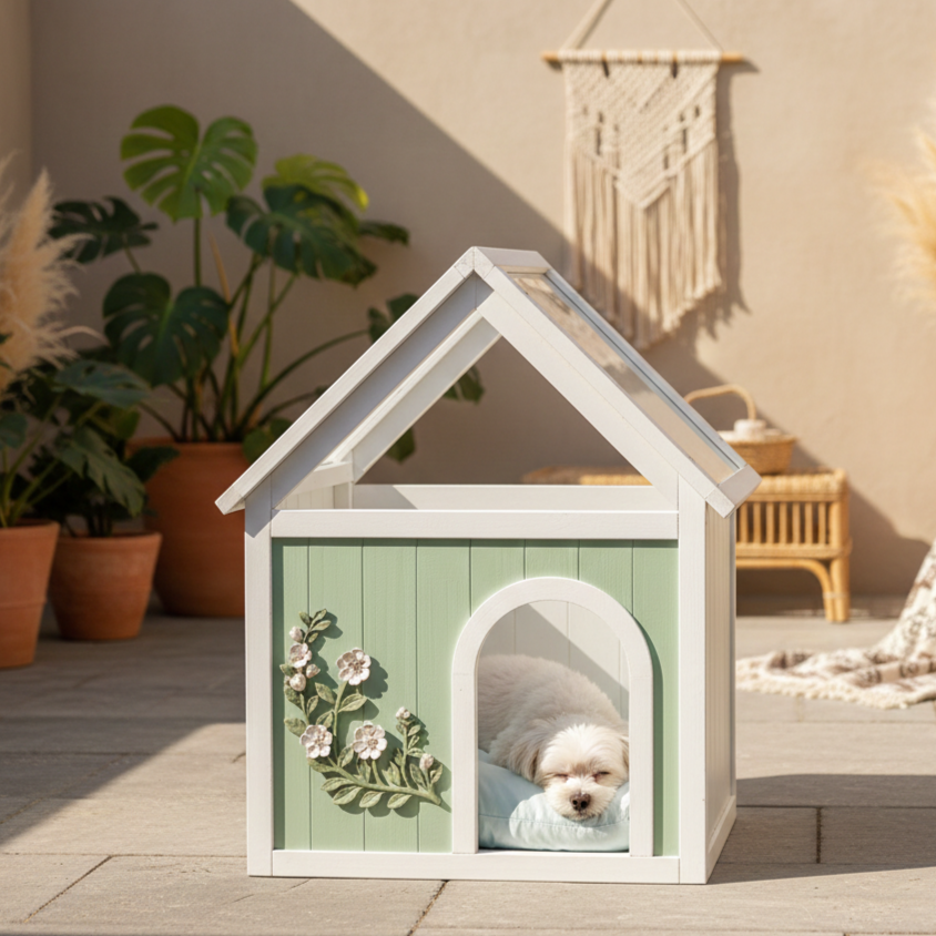 Transparent Roof Wooden Pet House with Floral Carvings  FSC Cedar Indoor Shelter for Cats & Small Dogs 63.5×47.5×77.6 cm