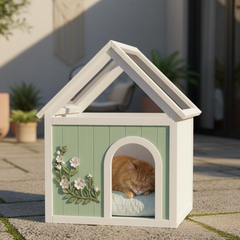 Transparent Roof Wooden Pet House with Floral Carvings  FSC Cedar Indoor Shelter for Cats & Small Dogs 63.5×47.5×77.6 cm