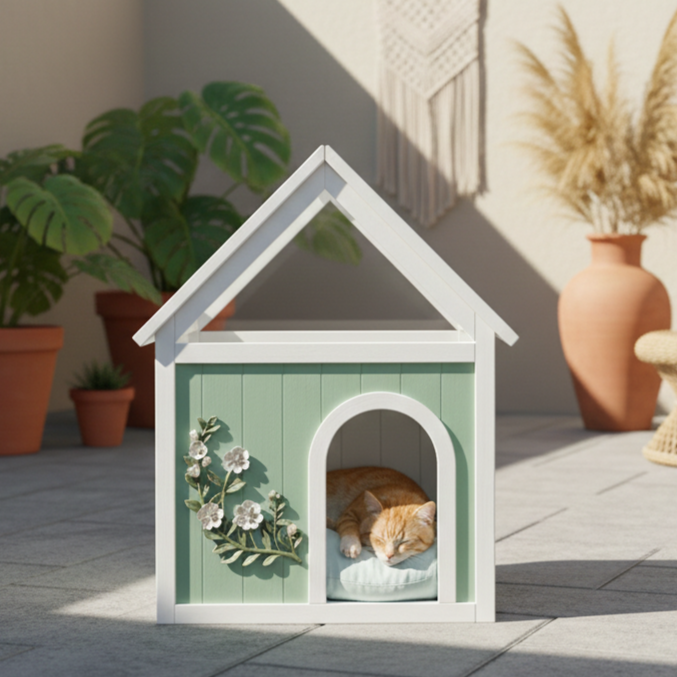 Transparent Roof Wooden Pet House with Floral Carvings  FSC Cedar Indoor Shelter for Cats & Small Dogs 63.5×47.5×77.6 cm