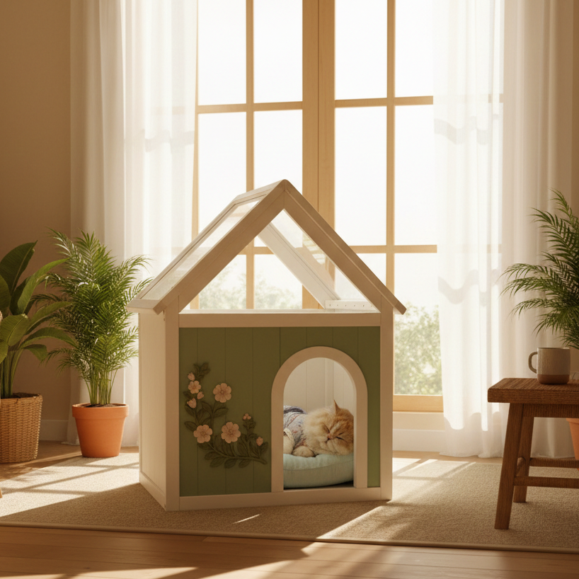 Transparent Roof Wooden Pet House with Floral Carvings  FSC Cedar Indoor Shelter for Cats & Small Dogs 63.5×47.5×77.6 cm