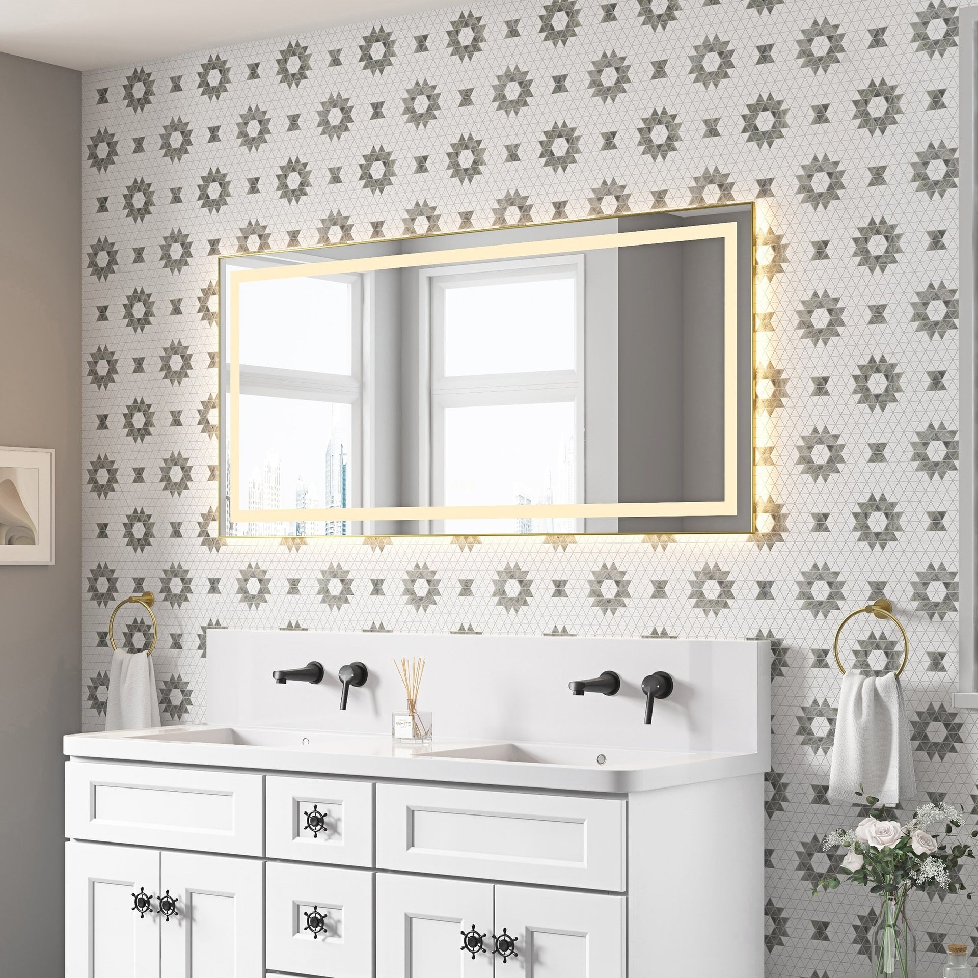 60 x 28 Inch LED Bathroom Mirror with Front and Backlight, Wall Mounted Vanity Mirror with Aluminum Frame, Anti-Fog, Memory, 3 Colors, Stepless Dimmable